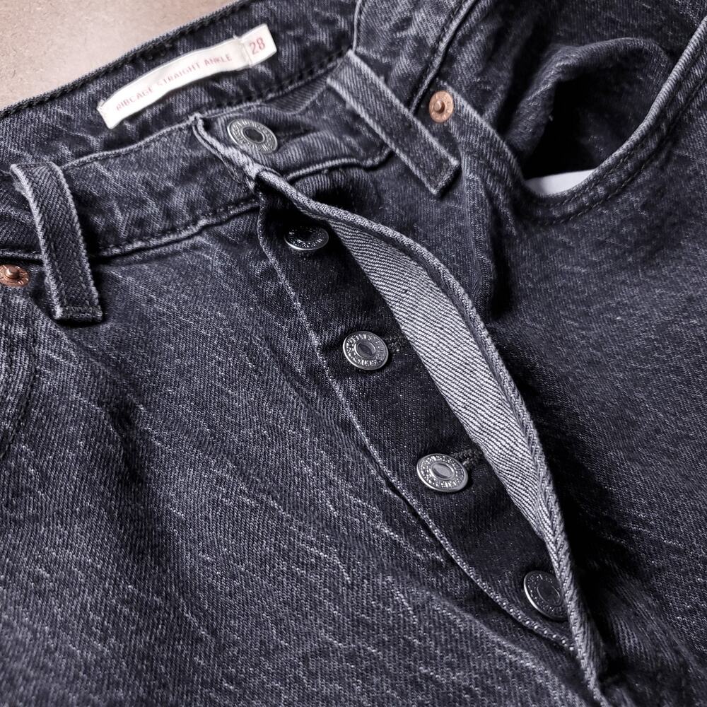Levi's Premium Ribcage Straight Ankle Jeans Button Fly Stretch Women 28 Black - Picture 12 of 15